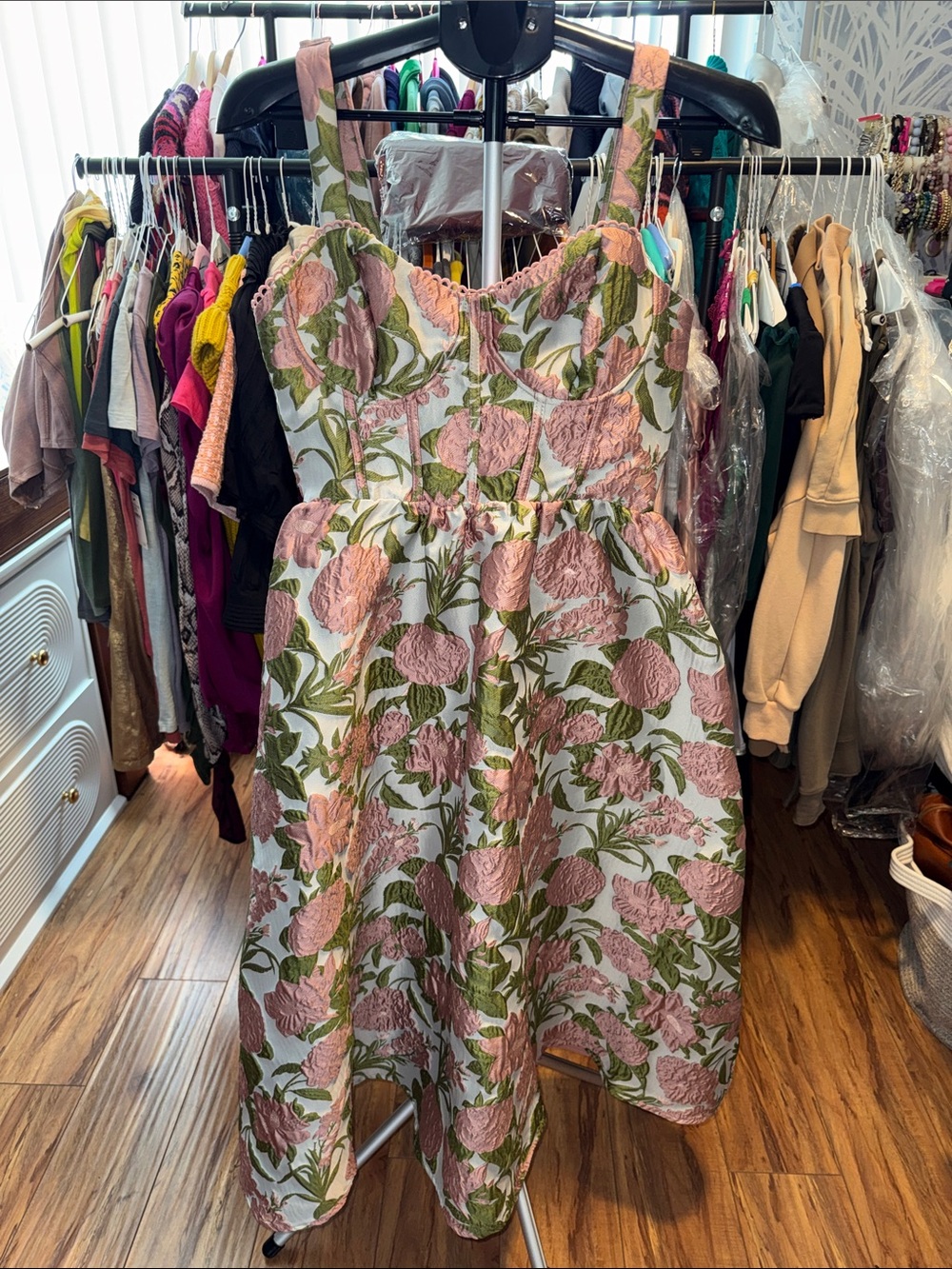 Pink Floral Sundress with Green Leaves